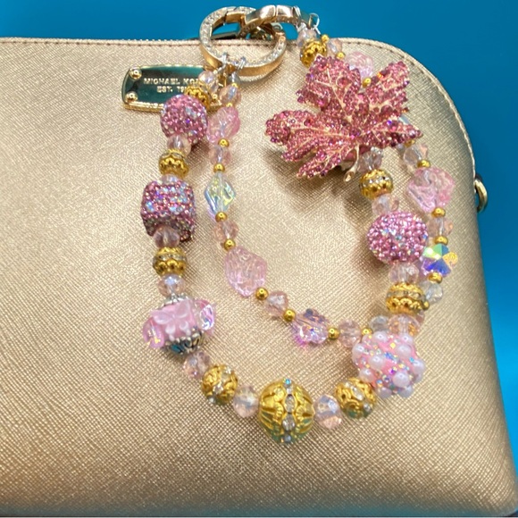 🍁Luxury Bag/Phone Chain Charm/Keychain Pink Rhinestone MAPLE LEAF Bling Beads